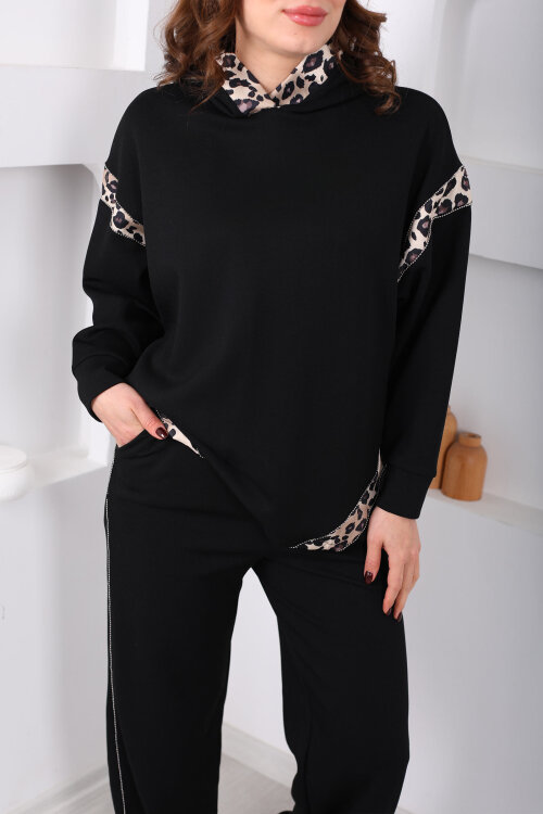 Kapüşonlu Leopar Detaylı Taşlı Siyah Kadın Modal Takım - Berox (1)
