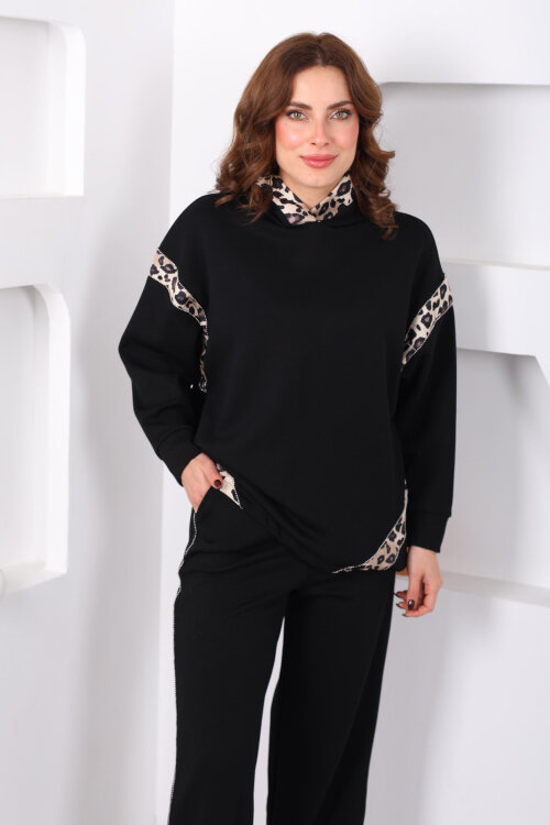 Kapüşonlu Leopar Detaylı Taşlı Siyah Kadın Modal Takım - 5