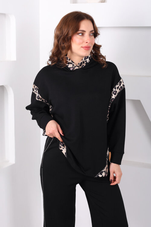 Kapüşonlu Leopar Detaylı Taşlı Siyah Kadın Modal Takım - 3