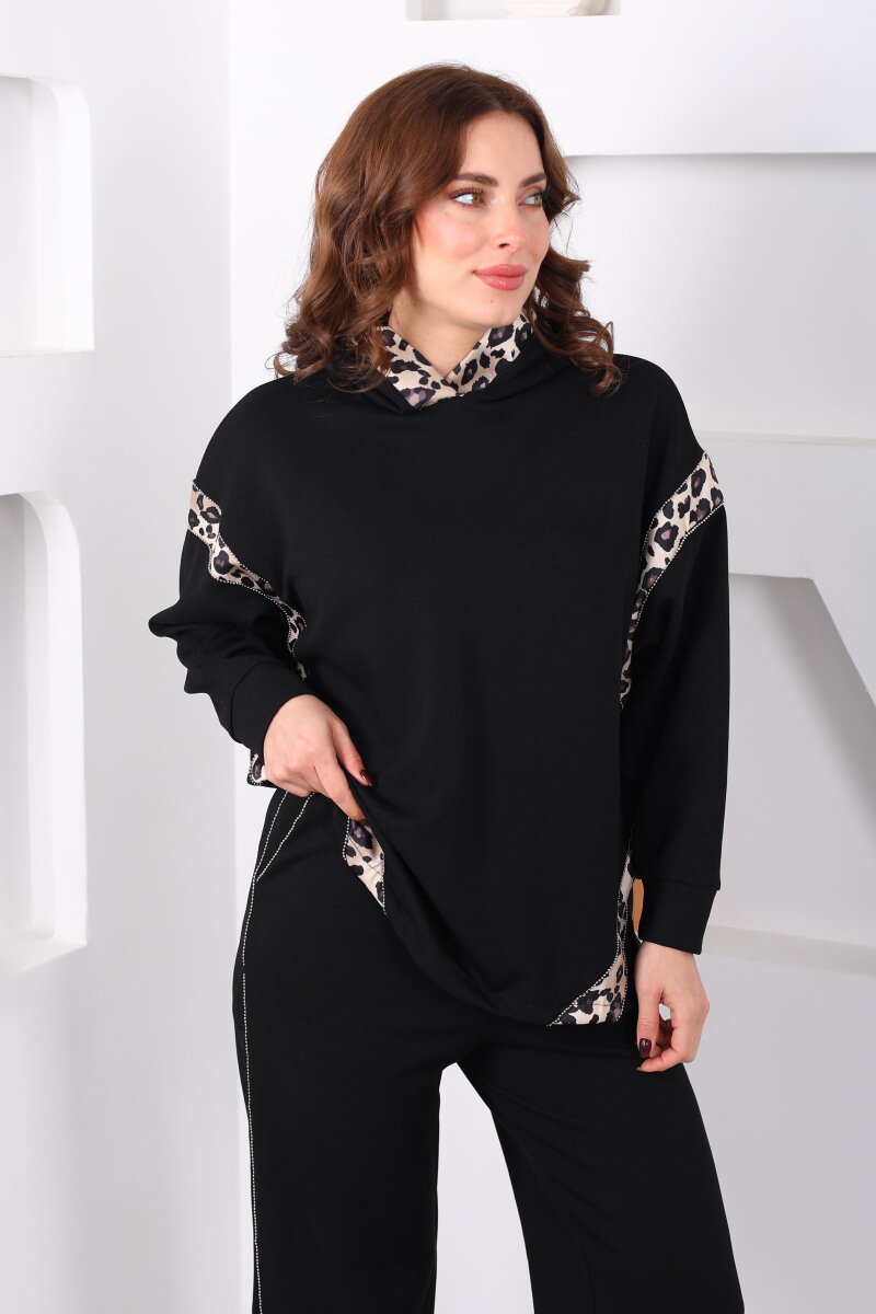 Kapüşonlu Leopar Detaylı Taşlı Siyah Kadın Modal Takım - 3