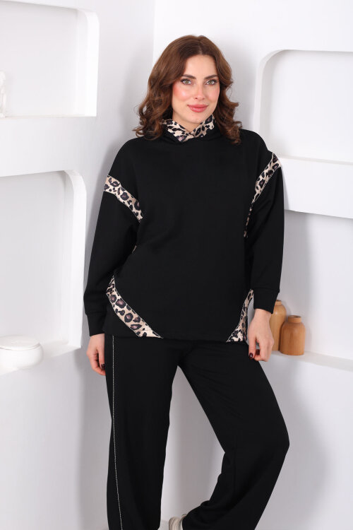 Kapüşonlu Leopar Detaylı Taşlı Siyah Kadın Modal Takım - Berox