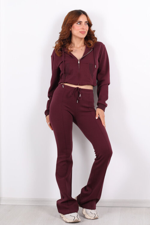 Kapüşonlu Önü Çimalı Bordo Kadın Takım - 7