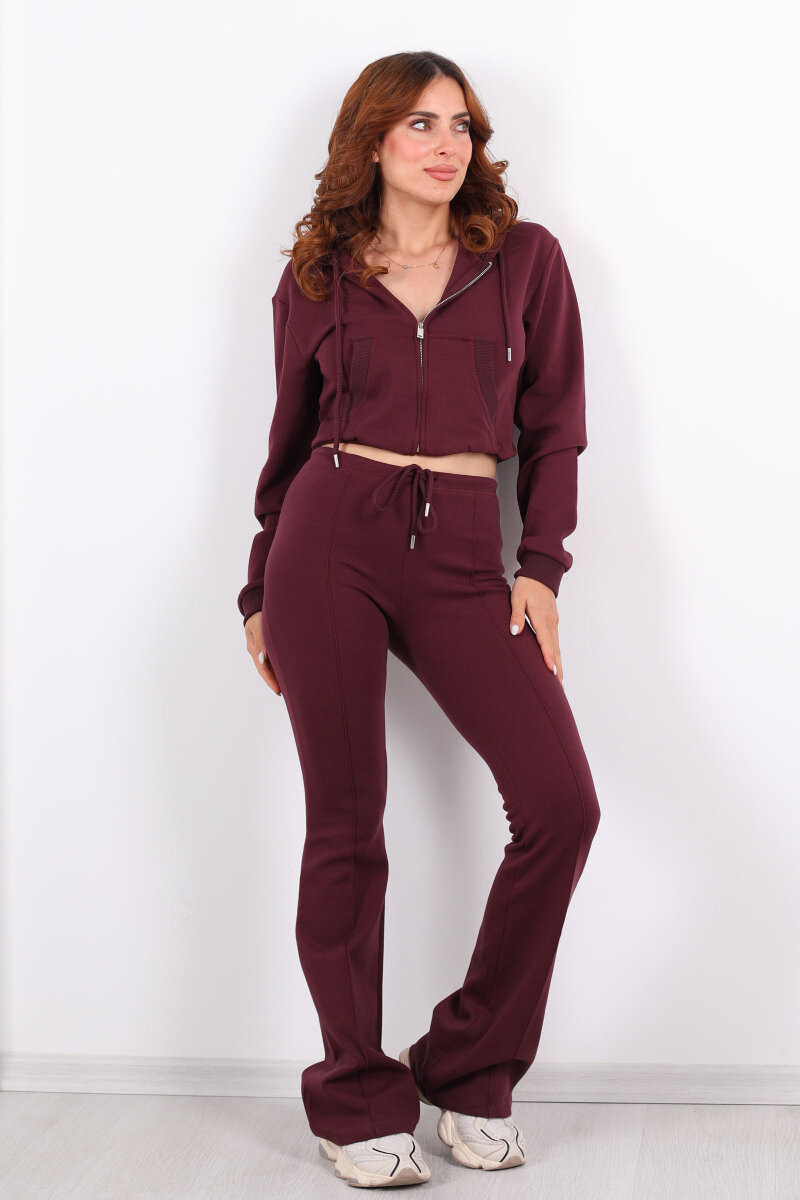 Kapüşonlu Önü Çimalı Bordo Kadın Takım - 7