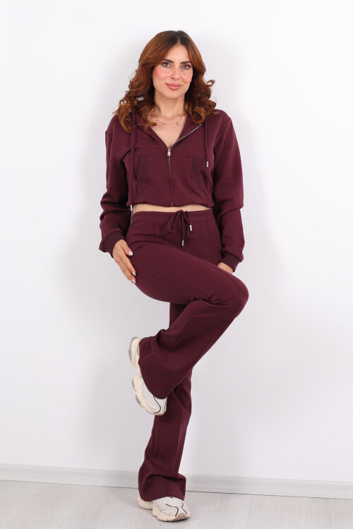 Kapüşonlu Önü Çimalı Bordo Kadın Takım - 5