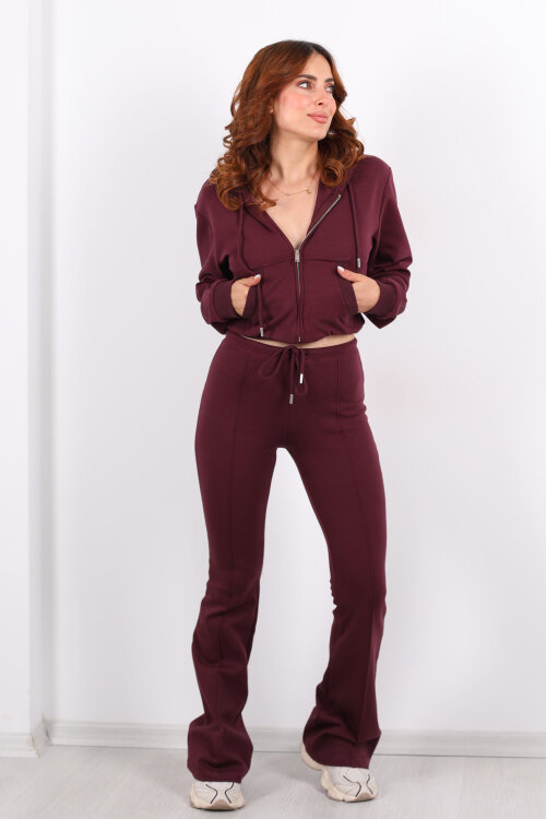 Kapüşonlu Önü Çimalı Bordo Kadın Takım - 3