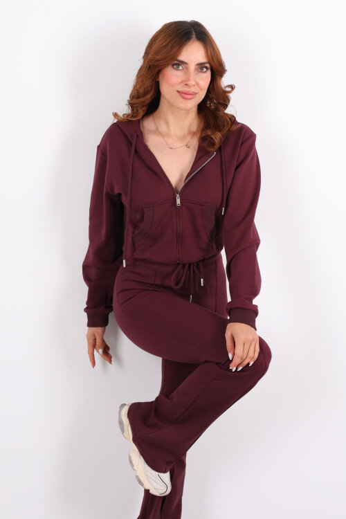 Kapüşonlu Önü Çimalı Bordo Kadın Takım - Berox