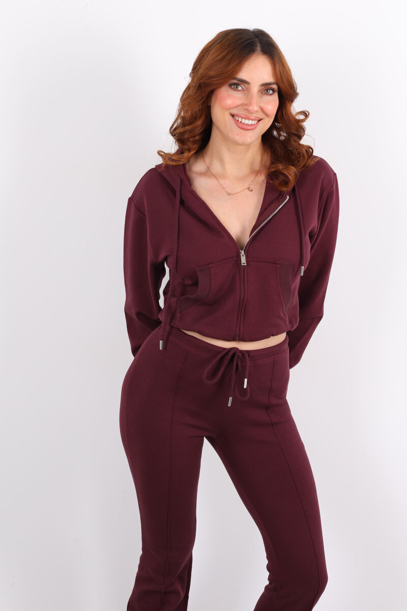 Kapüşonlu Önü Çimalı Bordo Kadın Takım - 4