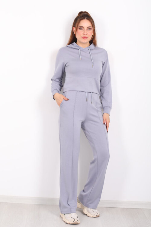 Kapüşonlu Önü Çimalı Gri Kadın Modal Takım - Berox