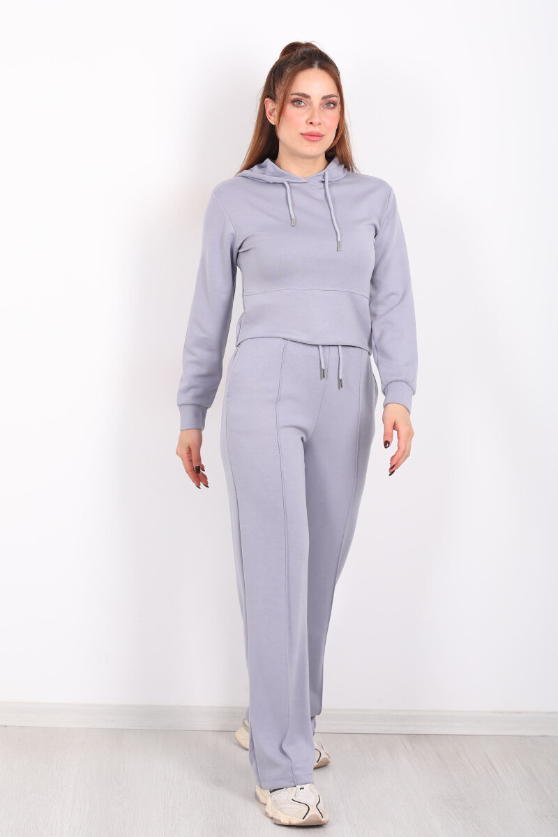 Kapüşonlu Önü Çimalı Gri Kadın Modal Takım - 3