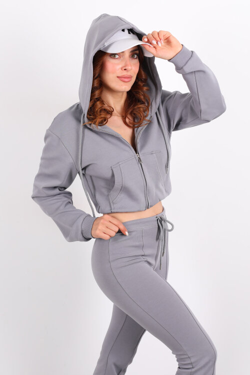 Kapüşonlu Önü Çimalı Gri Kadın Takım - 4