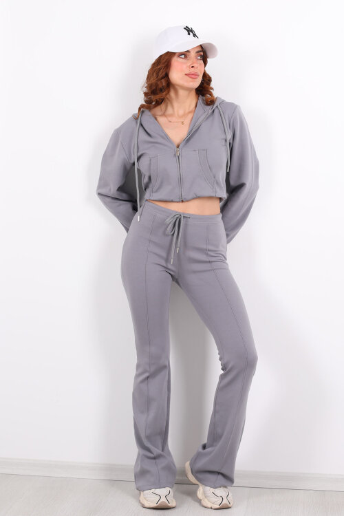 Kapüşonlu Önü Çimalı Gri Kadın Takım - 7