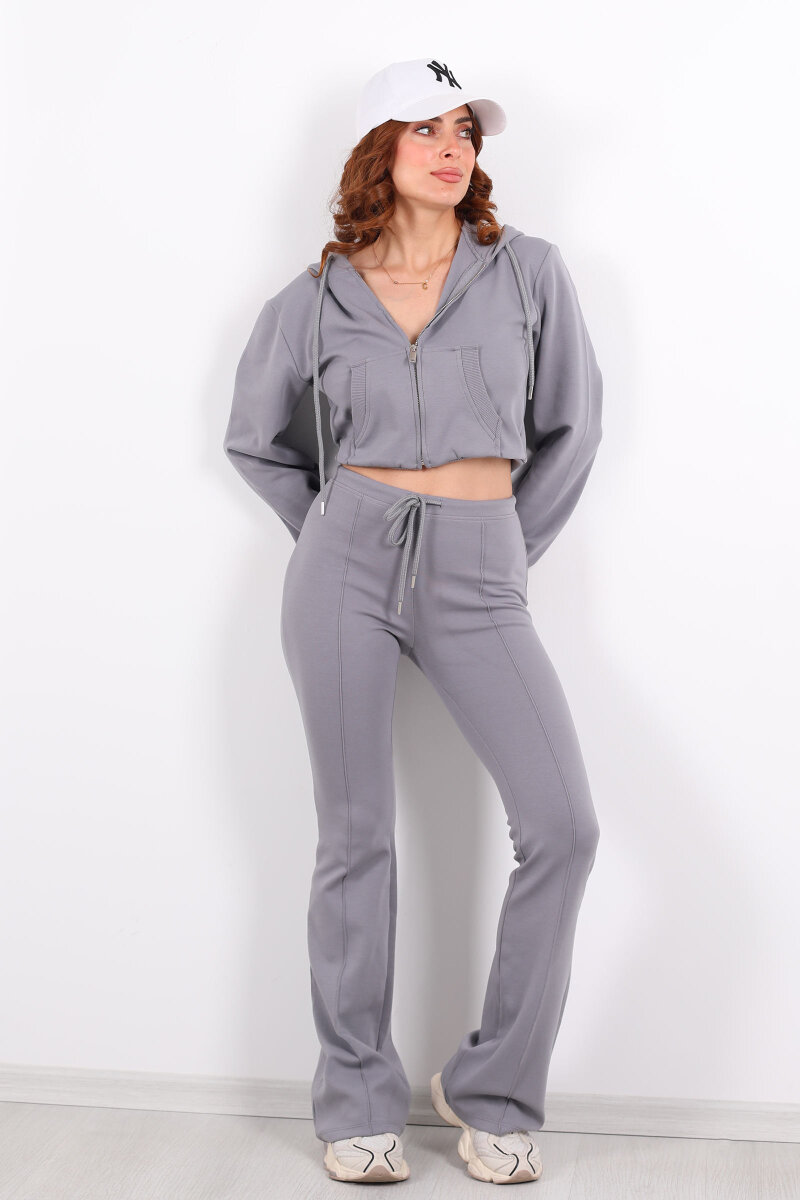 Kapüşonlu Önü Çimalı Gri Kadın Takım - 7