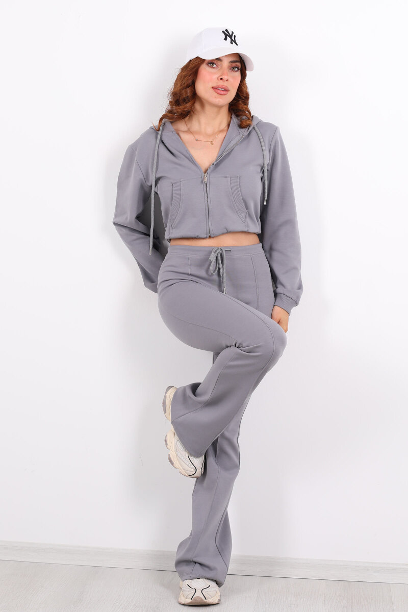 Kapüşonlu Önü Çimalı Gri Kadın Takım - 3