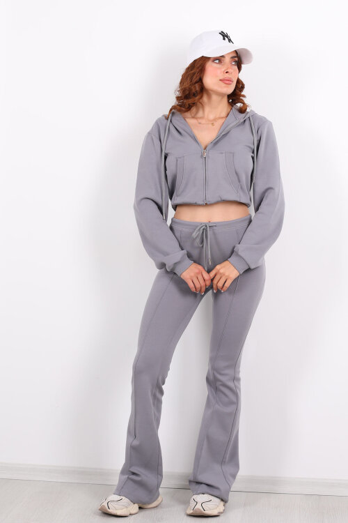 Kapüşonlu Önü Çimalı Gri Kadın Takım - 5