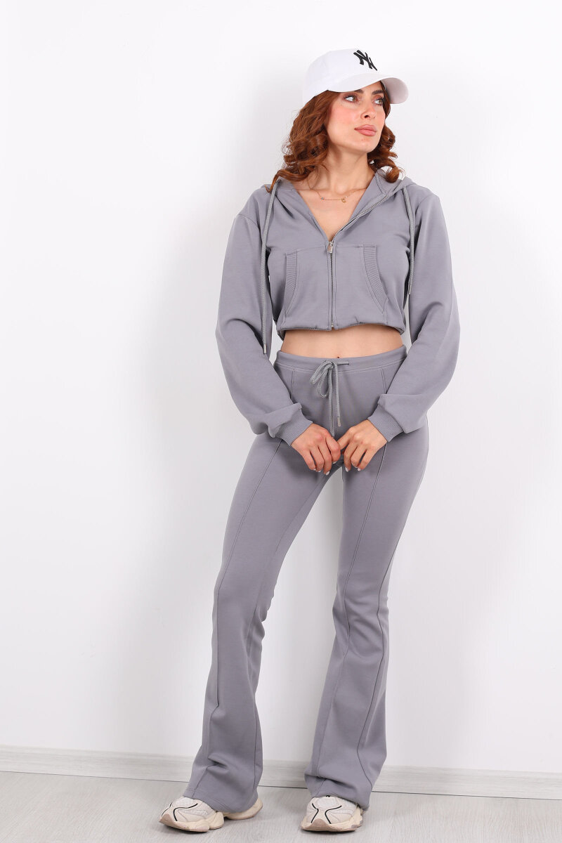 Kapüşonlu Önü Çimalı Gri Kadın Takım - 5