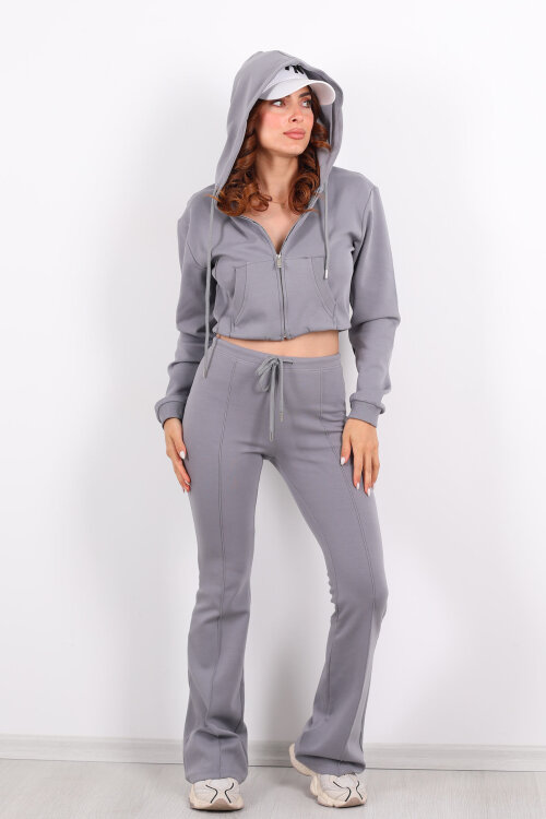 Kapüşonlu Önü Çimalı Gri Kadın Takım - 8