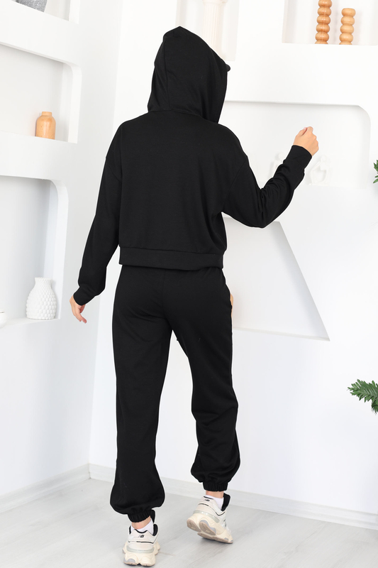 Kapüşonlu Paça Lastikli Siyah Kadın Modal Sweat Takım - 5