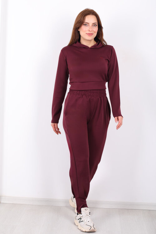 Kapüşonlu Paça Pensli Kadın Bordo Scuba Takım - 6