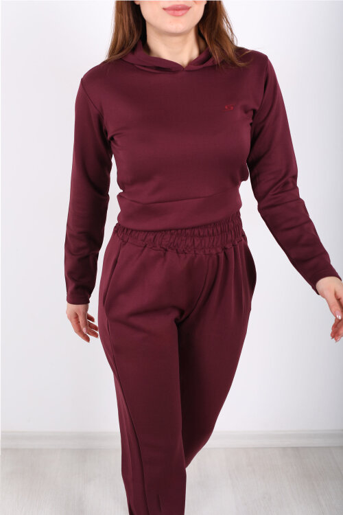 Kapüşonlu Paça Pensli Kadın Bordo Scuba Takım - Berox (1)
