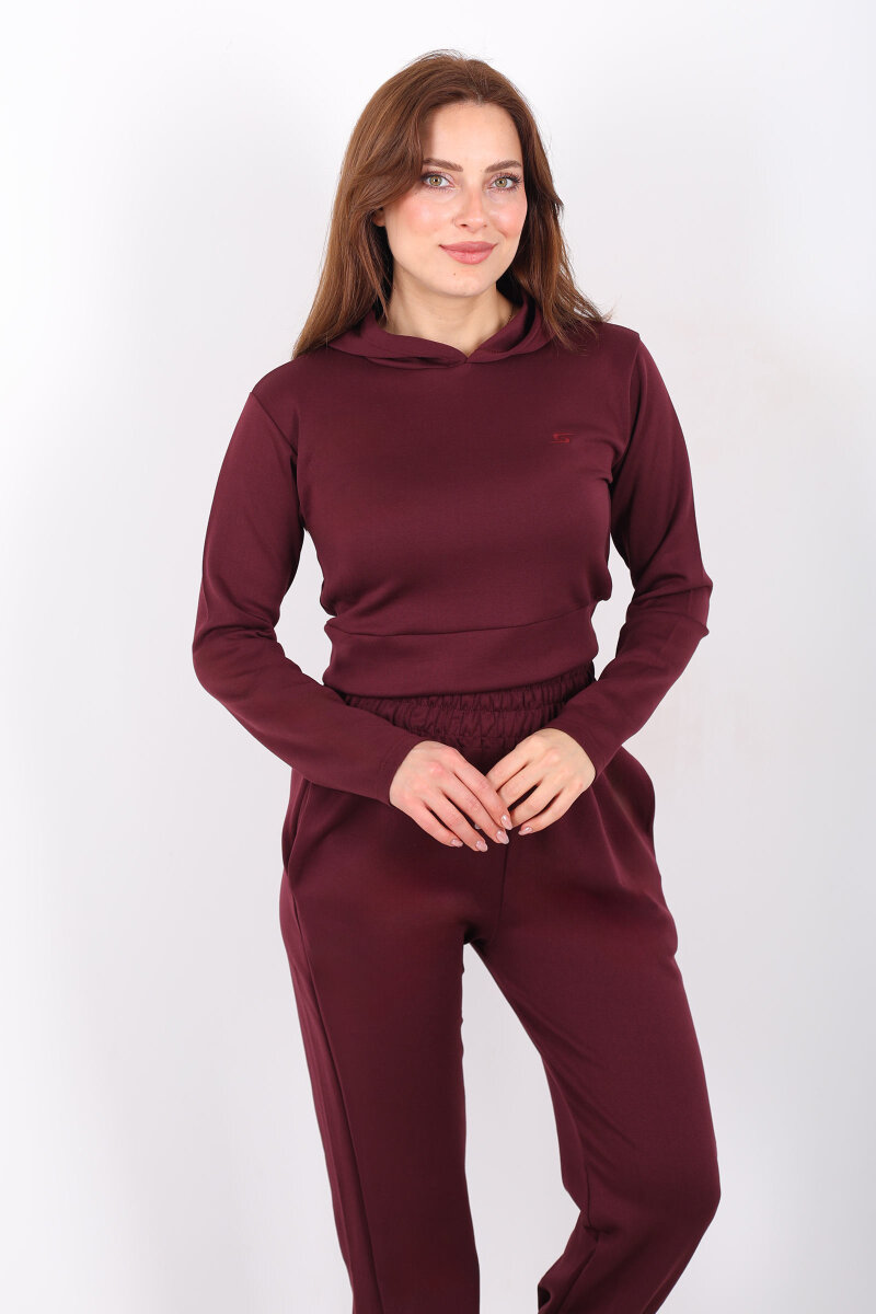 Kapüşonlu Paça Pensli Kadın Bordo Scuba Takım - 4