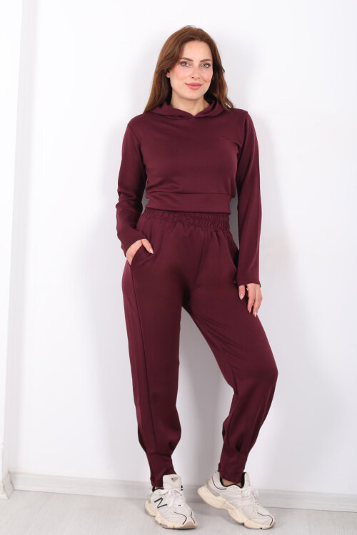 Kapüşonlu Paça Pensli Kadın Bordo Scuba Takım - 3