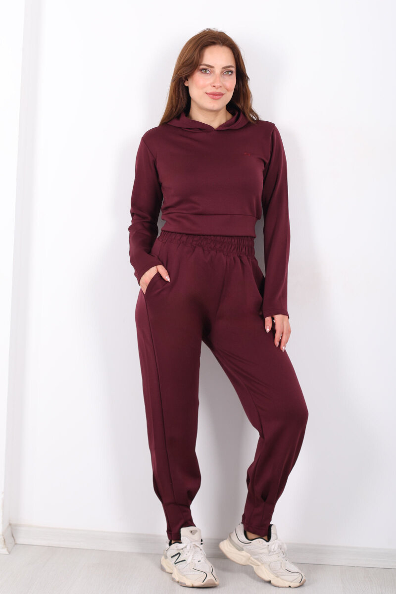 Kapüşonlu Paça Pensli Kadın Bordo Scuba Takım - 3
