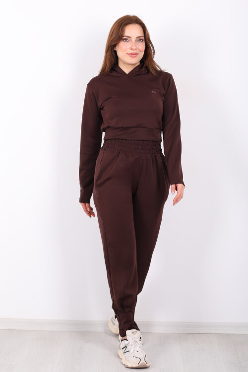 Kapüşonlu Paça Pensli Kadın Kahverengi Scuba Takım - 5