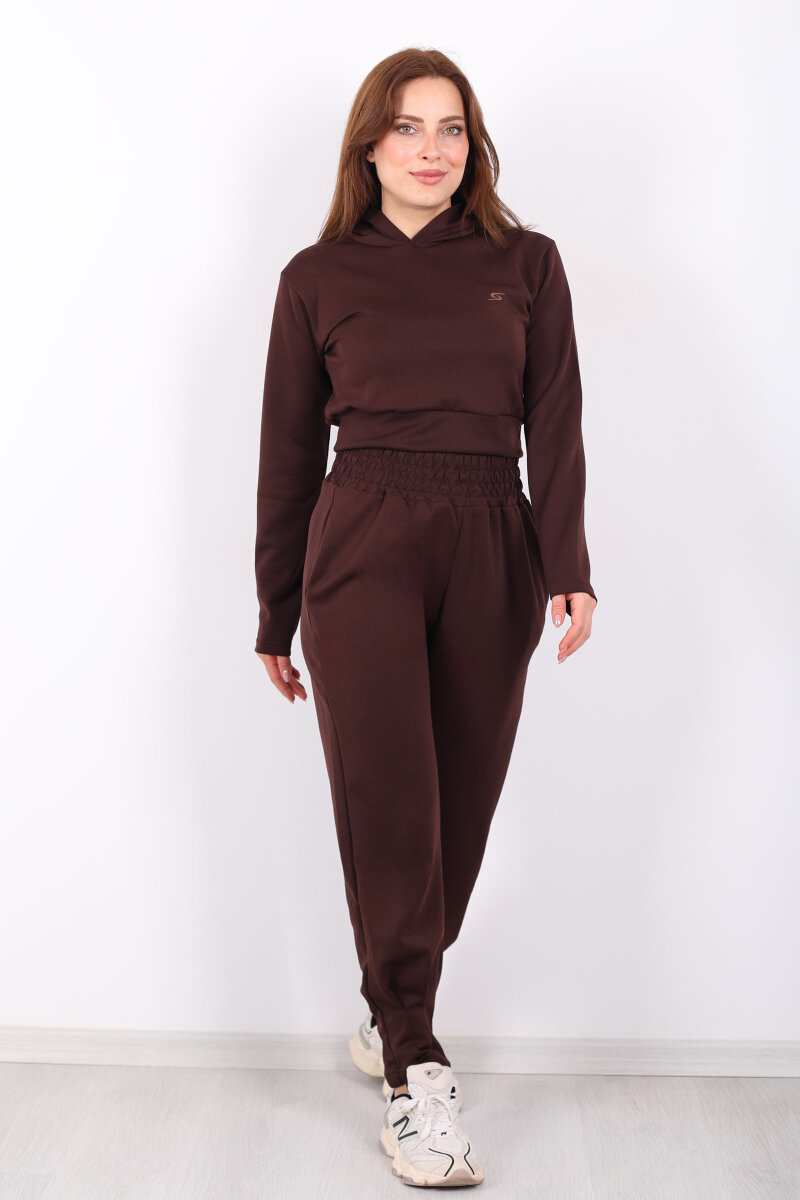 Kapüşonlu Paça Pensli Kadın Kahverengi Scuba Takım - 5