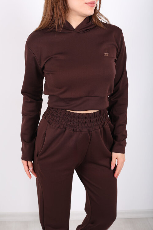 Kapüşonlu Paça Pensli Kadın Kahverengi Scuba Takım - Berox (1)