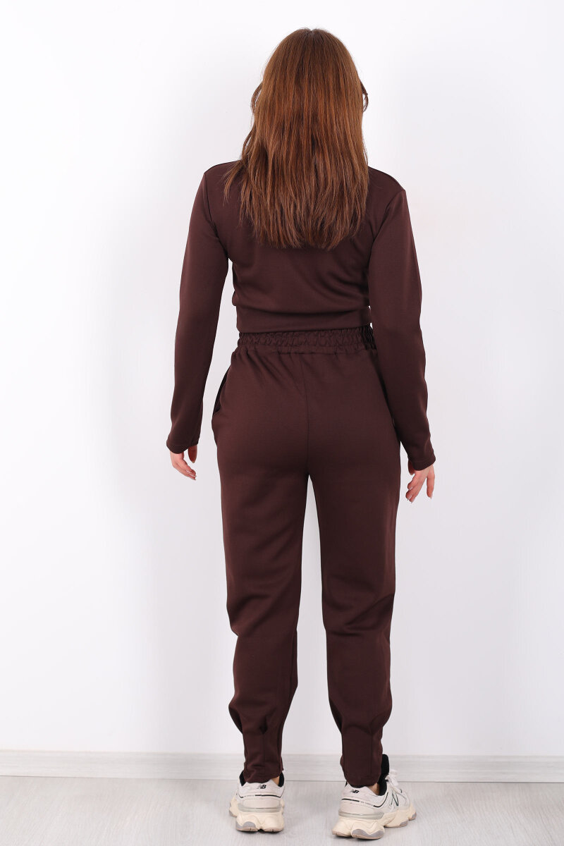 Kapüşonlu Paça Pensli Kadın Kahverengi Scuba Takım - 6