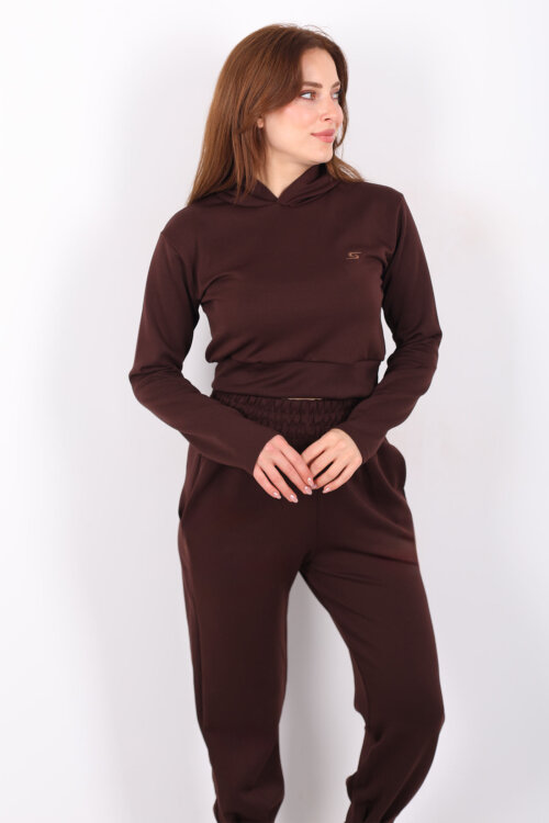 Kapüşonlu Paça Pensli Kadın Kahverengi Scuba Takım - 3