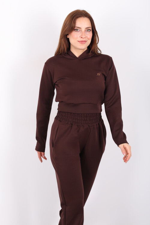 Kapüşonlu Paça Pensli Kadın Kahverengi Scuba Takım - 7