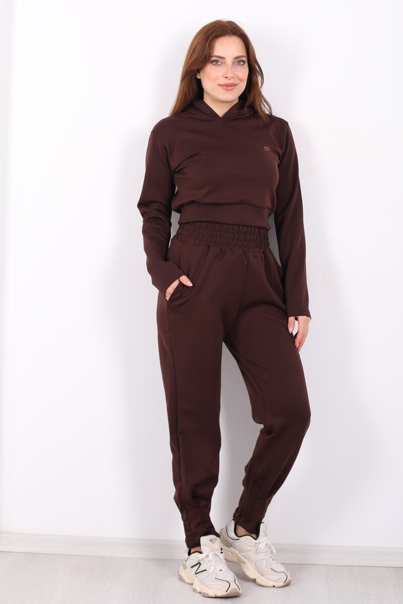 Kapüşonlu Paça Pensli Kadın Kahverengi Scuba Takım - 1