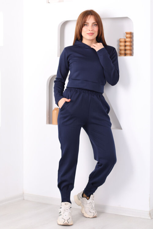 Kapüşonlu Paça Pensli Kadın Lacivert Scuba Takım - 7
