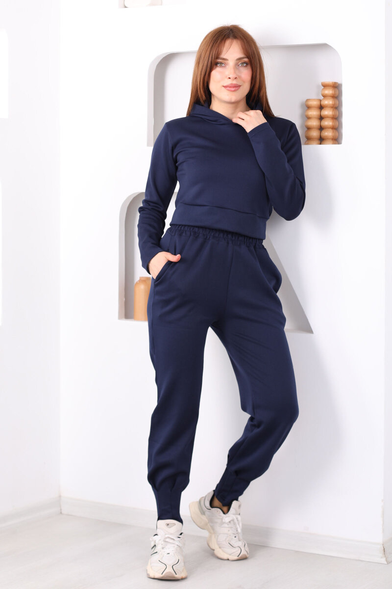 Kapüşonlu Paça Pensli Kadın Lacivert Scuba Takım - 7