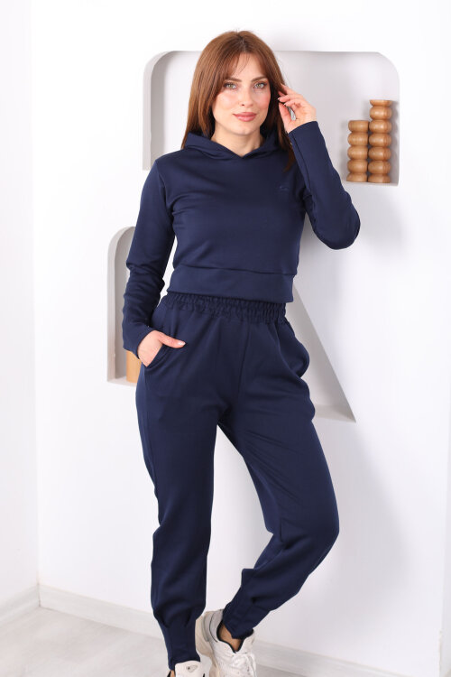 Kapüşonlu Paça Pensli Kadın Lacivert Scuba Takım - 3