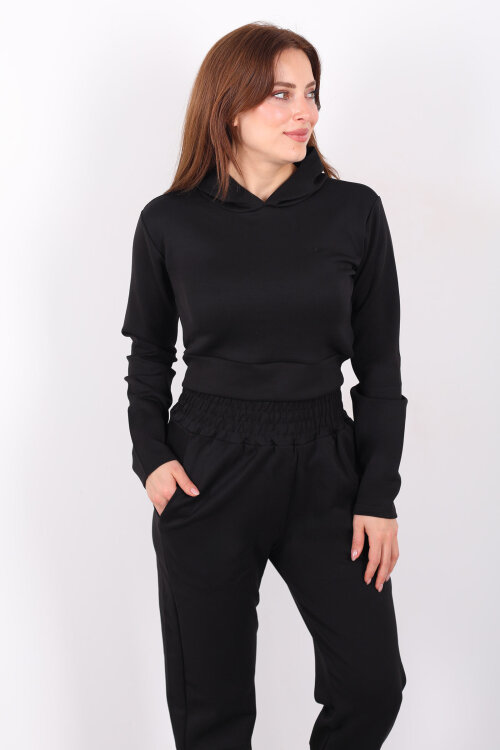 Kapüşonlu Paça Pensli Kadın Siyah Scuba Takım - 4