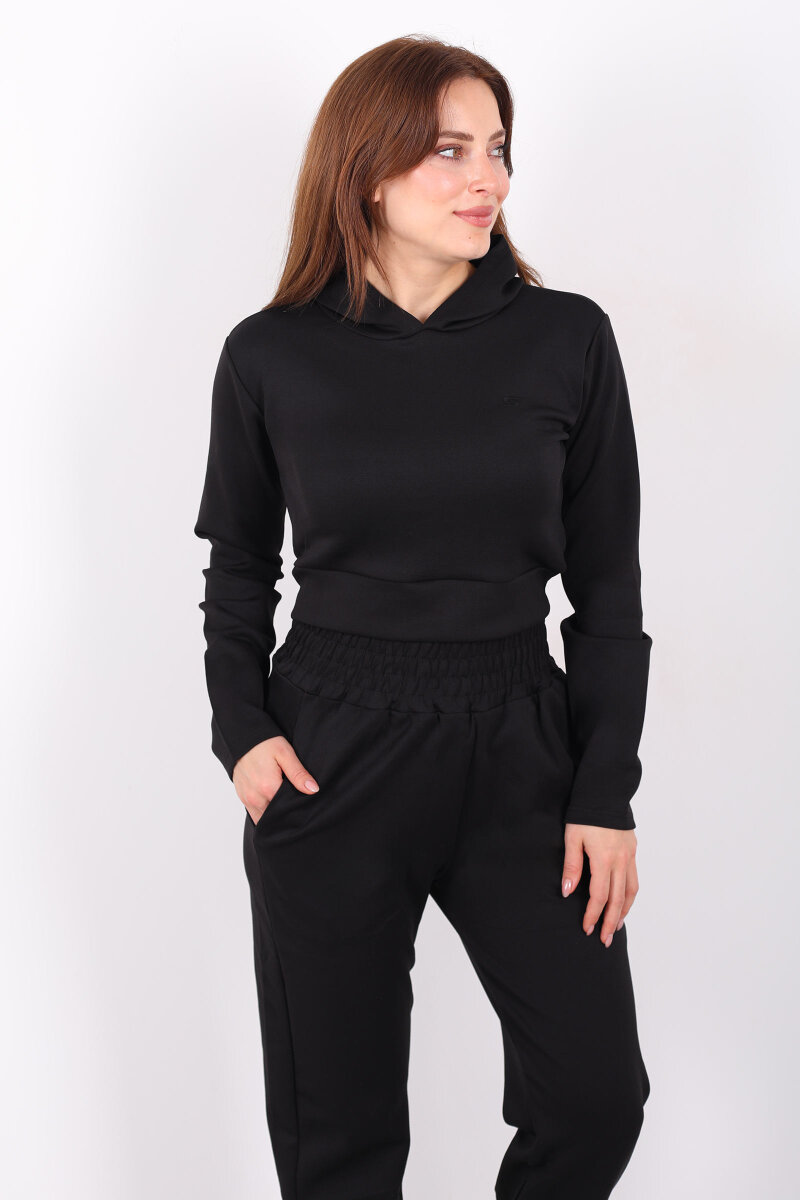 Kapüşonlu Paça Pensli Kadın Siyah Scuba Takım - 4