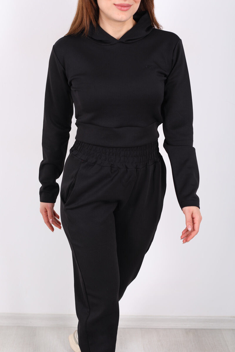 Kapüşonlu Paça Pensli Kadın Siyah Scuba Takım - 2