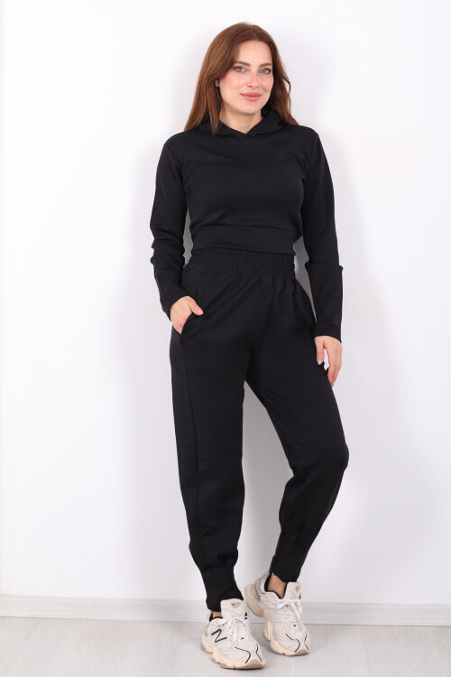 Kapüşonlu Paça Pensli Kadın Siyah Scuba Takım - 6