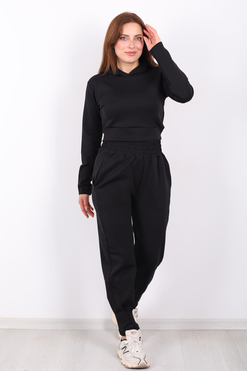 Kapüşonlu Paça Pensli Kadın Siyah Scuba Takım - 3