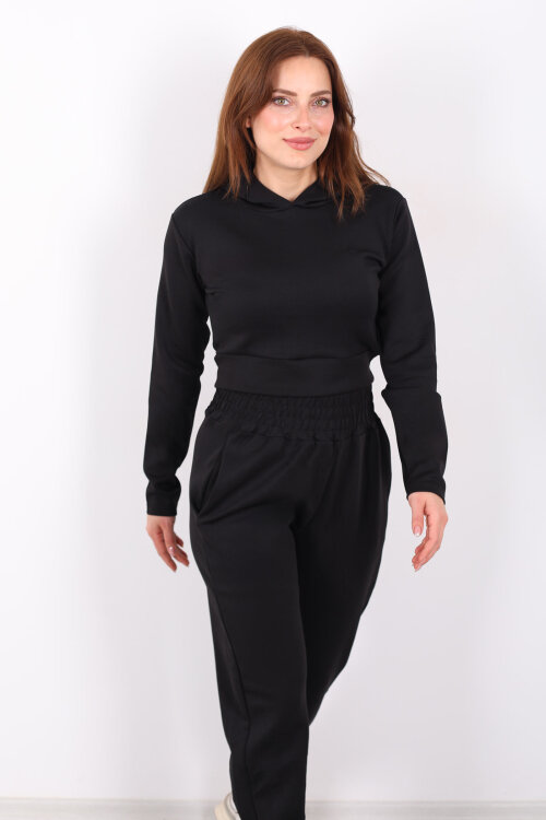 Kapüşonlu Paça Pensli Kadın Siyah Scuba Takım - 7