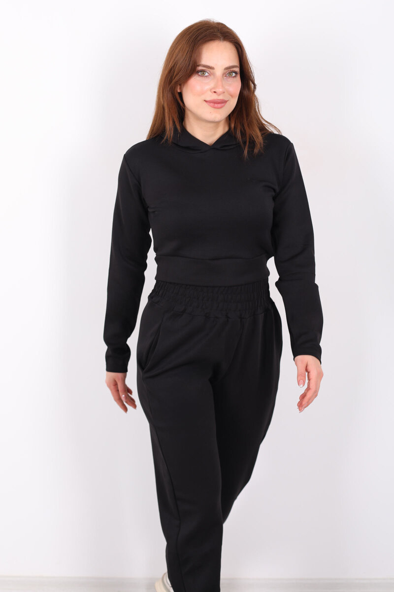 Kapüşonlu Paça Pensli Kadın Siyah Scuba Takım - 7
