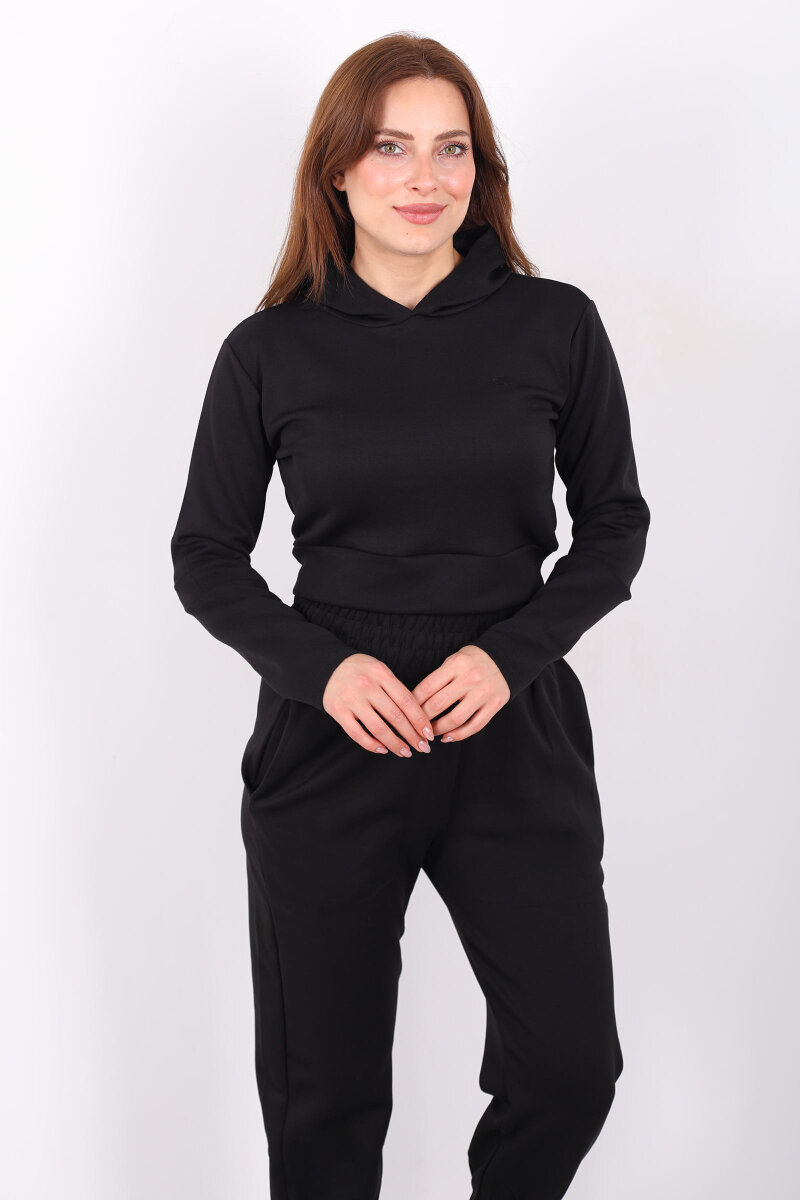 Kapüşonlu Paça Pensli Kadın Siyah Scuba Takım - 1