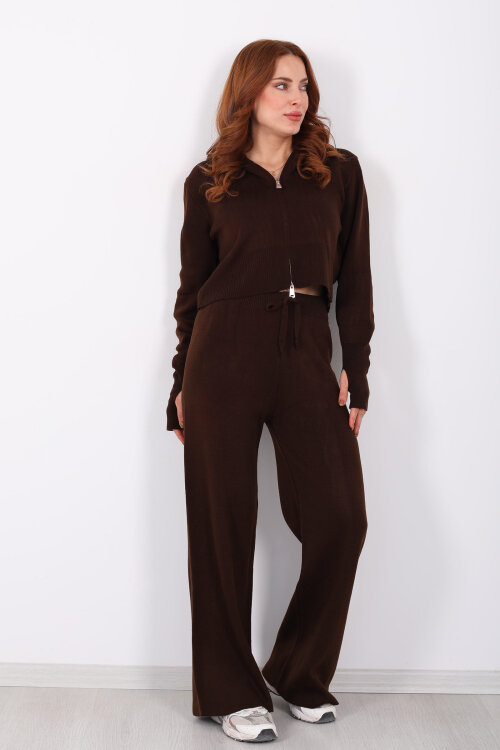 Kapüşonlu Parmak Geçirmeli Acı Kahve Kadın Triko Takım - 7