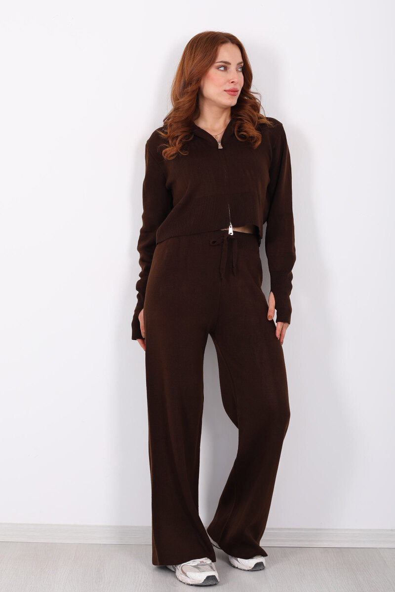 Kapüşonlu Parmak Geçirmeli Acı Kahve Kadın Triko Takım - 7