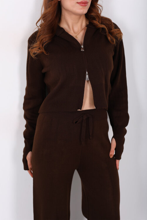 Kapüşonlu Parmak Geçirmeli Acı Kahve Kadın Triko Takım - Berox (1)