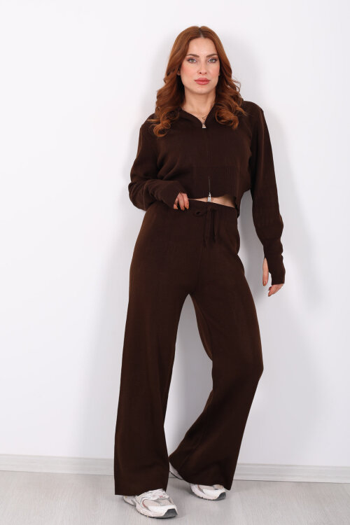 Kapüşonlu Parmak Geçirmeli Acı Kahve Kadın Triko Takım - 6