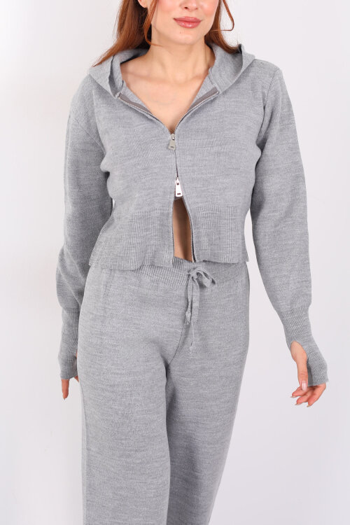 Kapüşonlu Parmak Geçirmeli Antrasit Kadın Triko Takım - Berox (1)