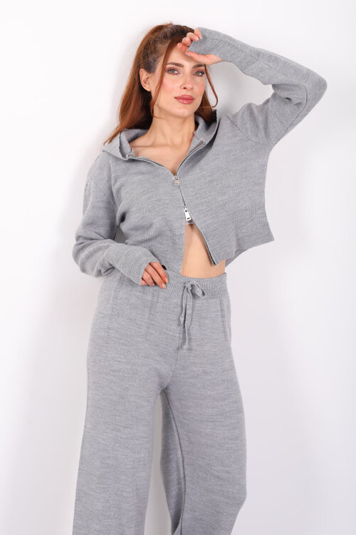 Kapüşonlu Parmak Geçirmeli Antrasit Kadın Triko Takım - Berox